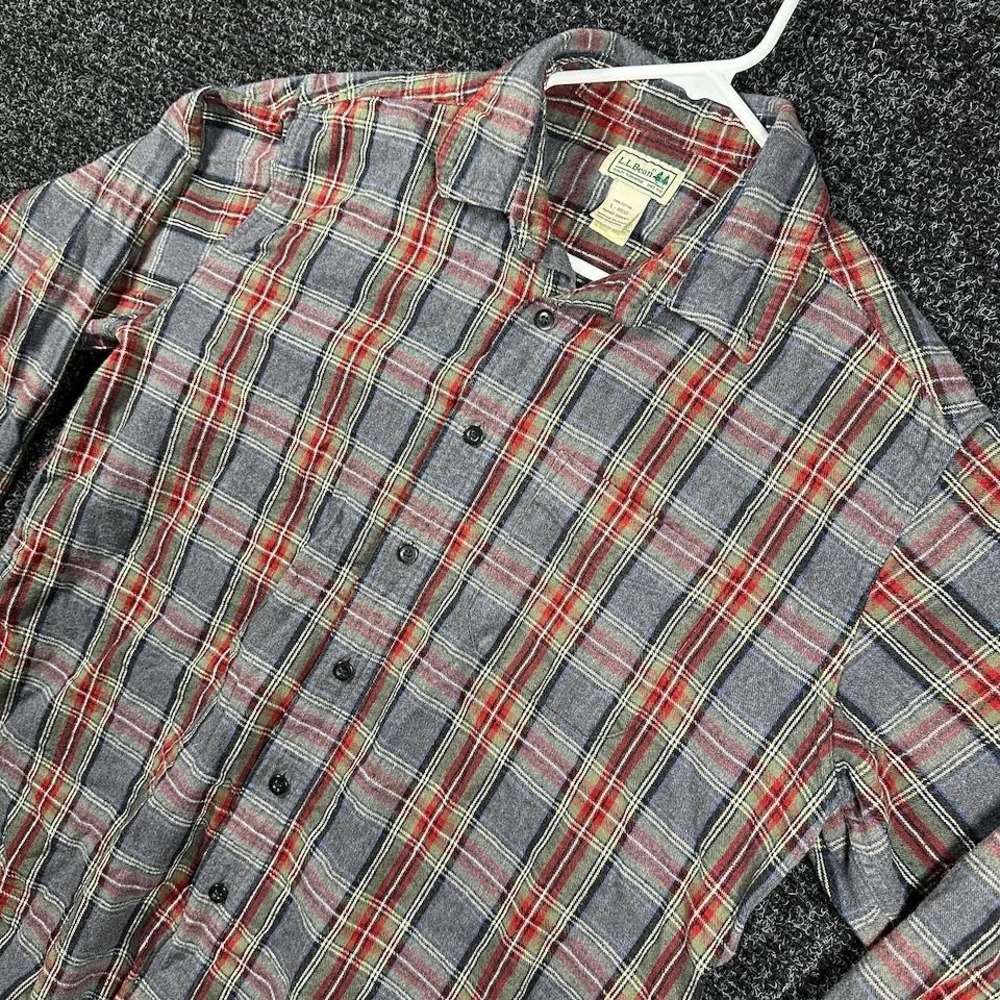 LL Bean Flannel Shirt Mens Large Grey Red Plaid Long Sleeve Cotton 228061